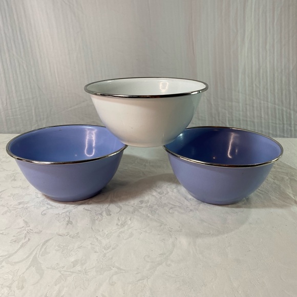 Pottery Barn Dining Pottery Barn Enamelware Metal Bowls 2 Slatelavender Purple White Poshmark